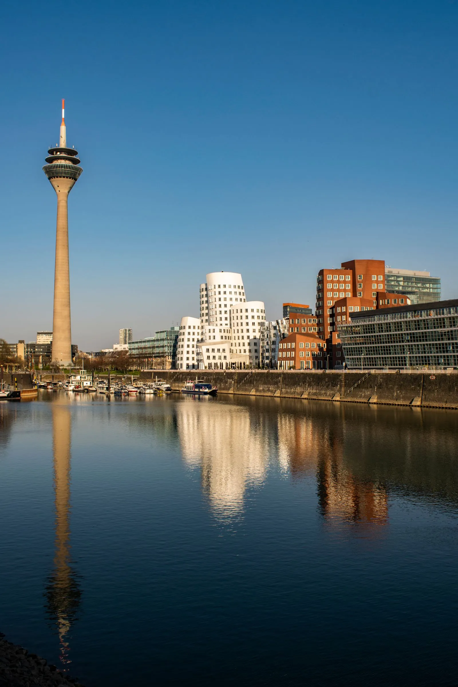 Medienhafen in Düsseldorf mit Rheinturm, gespiegelt im Wasser